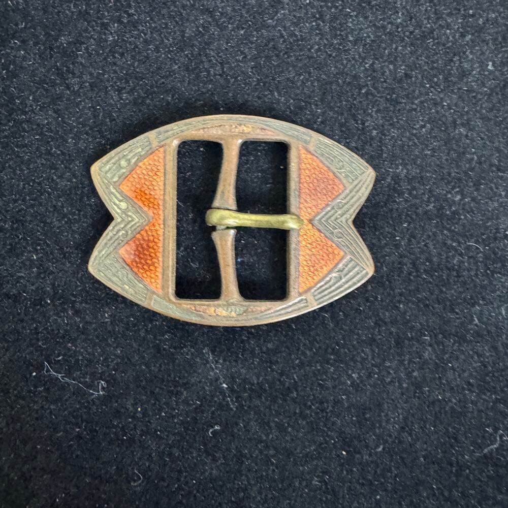 Vintage Antique Art Deco Solid Copper Orange Enamel Inlay Belt Buckle